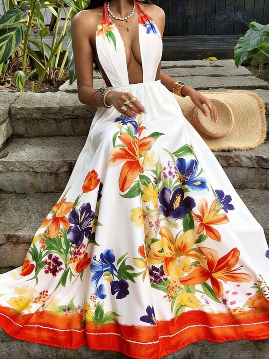 Dresses & Skirts - White Sexy Women's Plant-Print Suspender Wrap Dress